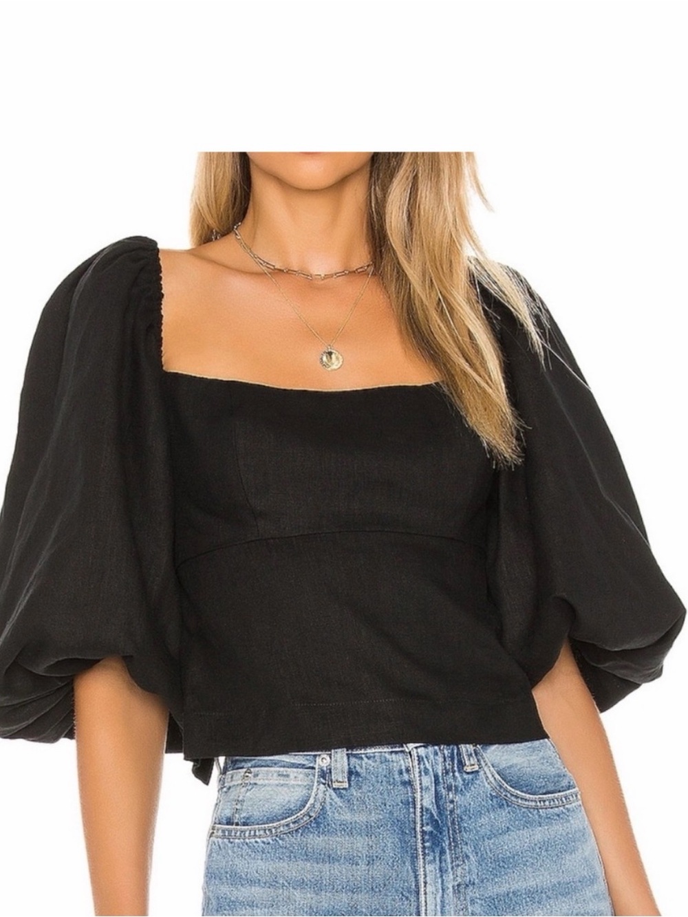 Revolve LPA Linen Black Puff-Sleeve Square Neck Crop Top